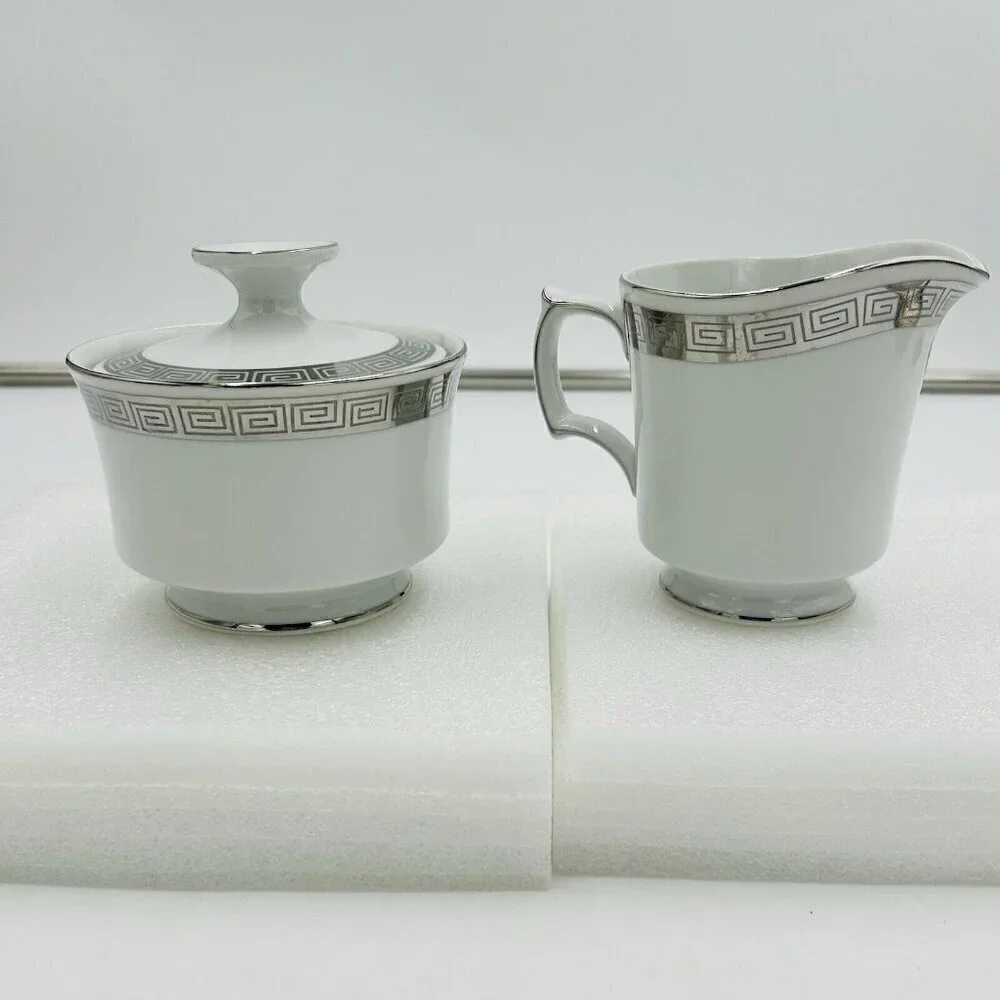Harmony House Romaic Fine China Cream / Sugar Set Greek Key Platinum Rim 3671